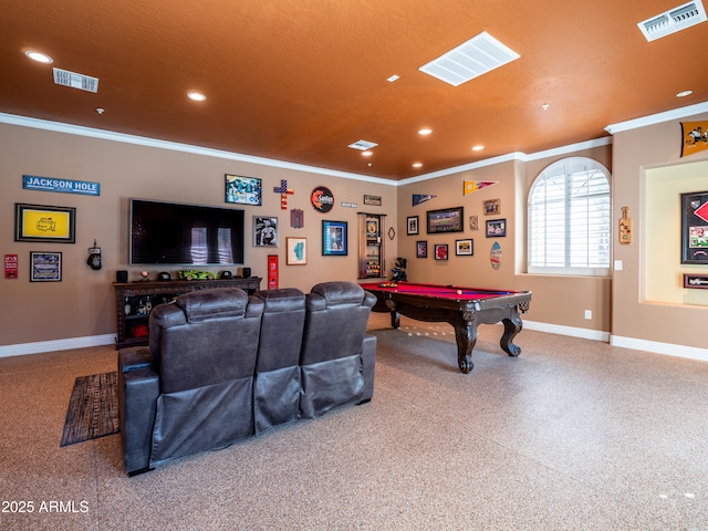 game room with baseboards, visible vents, and recessed lighting