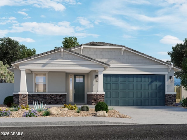 craftsman house featuring a garage, stone siding, concrete driveway, and stucco siding