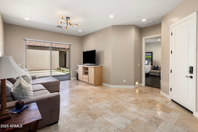 living room with recessed lighting, visible vents, and baseboards