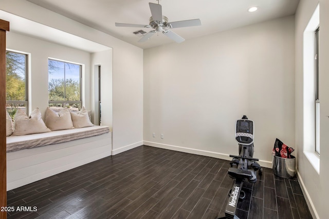 workout room with wood tiled floor, ceiling fan, baseboards, and recessed lighting