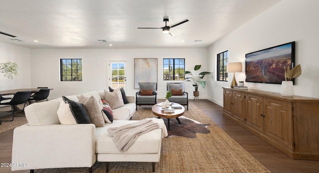 living room featuring ceiling fan and hardwood / wood-style flooring