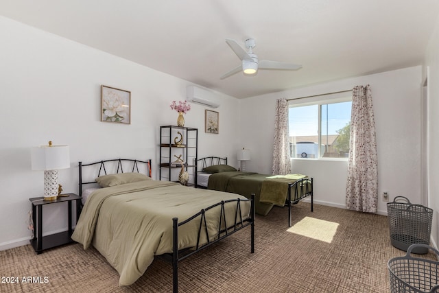 bedroom featuring carpet floors, ceiling fan, and a wall mounted air conditioner