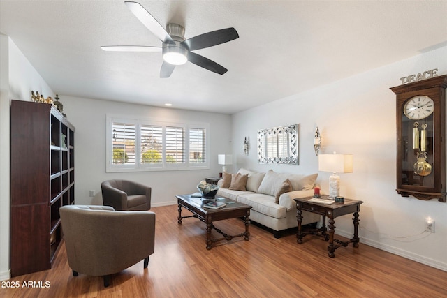 living room with ceiling fan and wood-type flooring