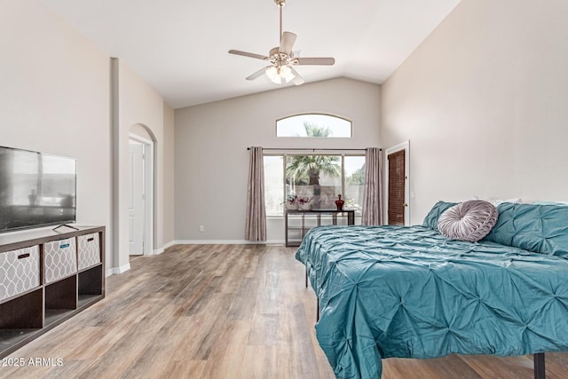 44853 W Jack Rabbit Trl, Maricopa, AZ 85139 - bedroom featuring wood finished floors, a ceiling fan, and high vaulted ceiling
