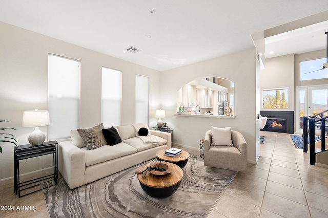 living room with light tile patterned floors