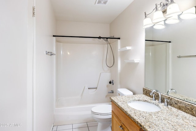 full bathroom with tile patterned flooring, vanity, washtub / shower combination, and toilet