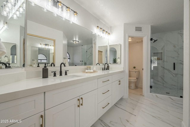 bathroom featuring vanity, toilet, a shower with shower door, and a textured ceiling