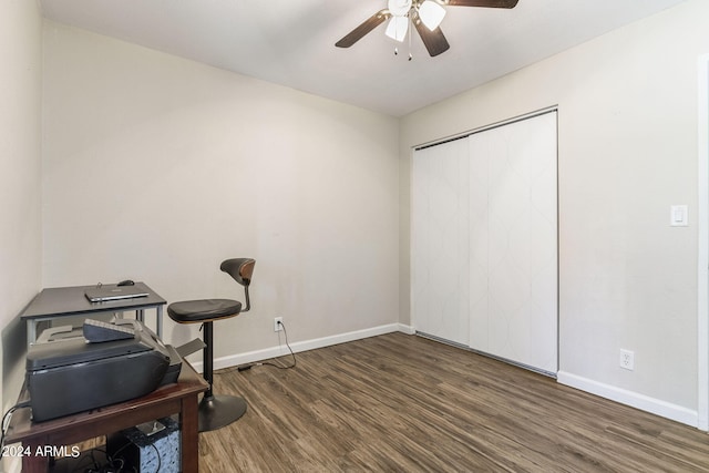 office featuring ceiling fan and dark hardwood / wood-style floors