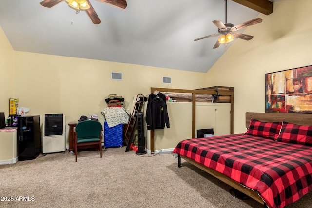 carpeted bedroom with vaulted ceiling with beams and ceiling fan