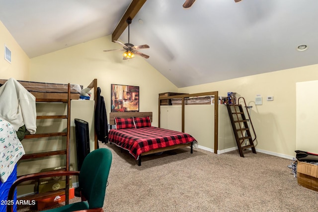 carpeted bedroom with vaulted ceiling with beams and ceiling fan