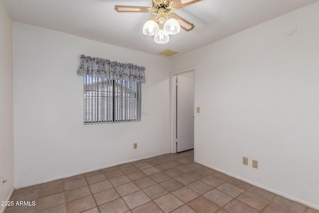 empty room featuring visible vents, baseboards, and a ceiling fan