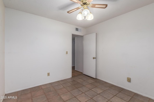 unfurnished room with visible vents, baseboards, and a ceiling fan