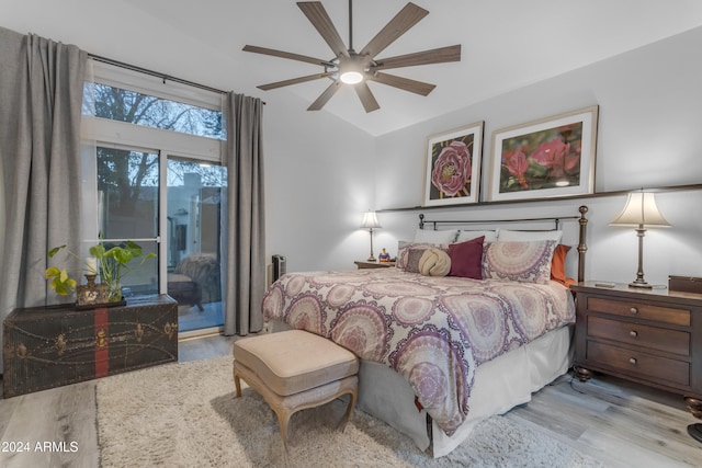 bedroom with ceiling fan, access to exterior, and light hardwood / wood-style flooring