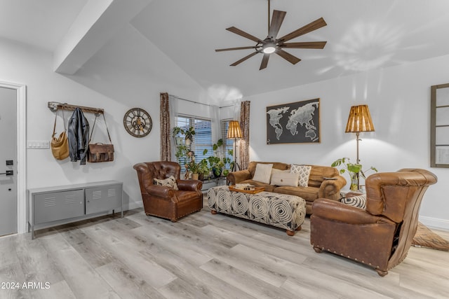 living room with vaulted ceiling, light hardwood / wood-style flooring, and ceiling fan