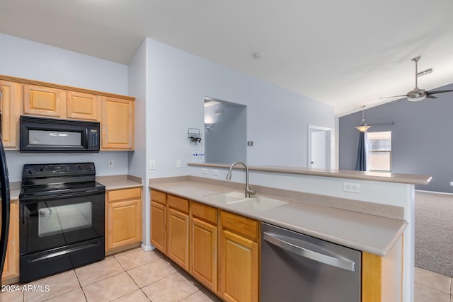 kitchen with black appliances, sink, vaulted ceiling, light tile patterned flooring, and kitchen peninsula