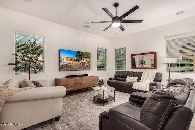 living room with ceiling fan