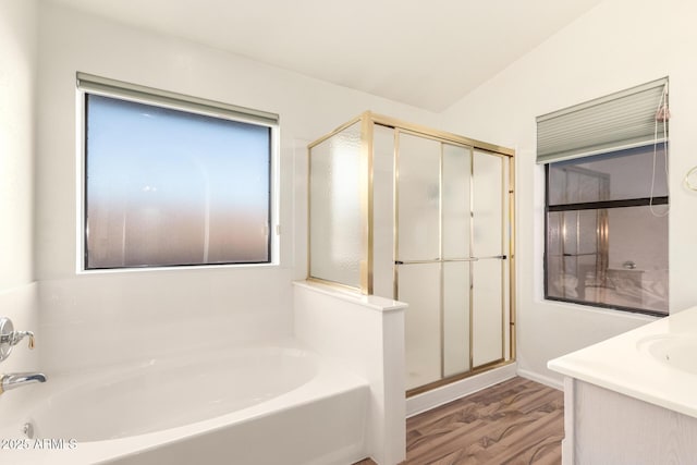 20435 N 39th Dr, Glendale, AZ 85308 - bathroom with a bath, vanity, wood finished floors, and a shower stall