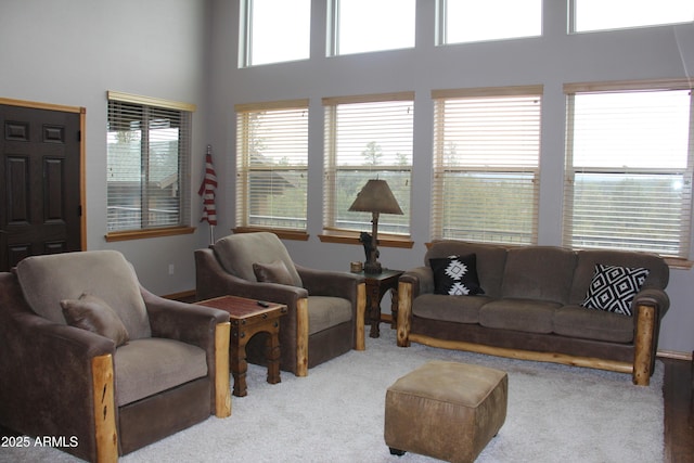 living room with a towering ceiling and carpet floors