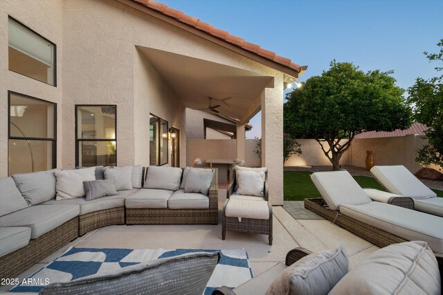 16238 N 58th St, Scottsdale, AZ 85254 - fenced backyard featuring an outdoor hangout area, ceiling fan, and a patio area