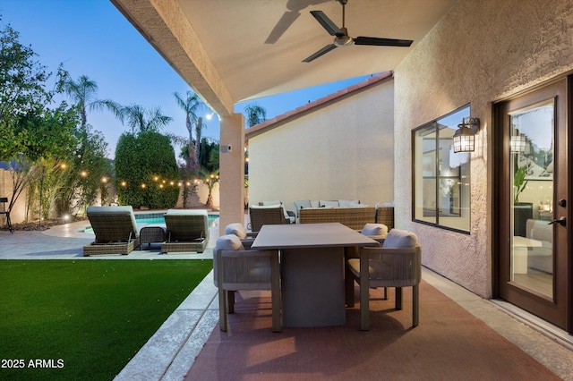 16238 N 58th St, Scottsdale, AZ 85254 - fenced backyard featuring a patio area, ceiling fan, and outdoor dining area