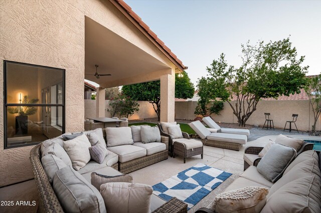 16238 N 58th St, Scottsdale, AZ 85254 - fenced backyard with an outdoor hangout area, a ceiling fan, and a patio