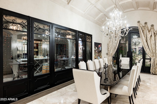 dining area with a notable chandelier, beamed ceiling, coffered ceiling, and crown molding