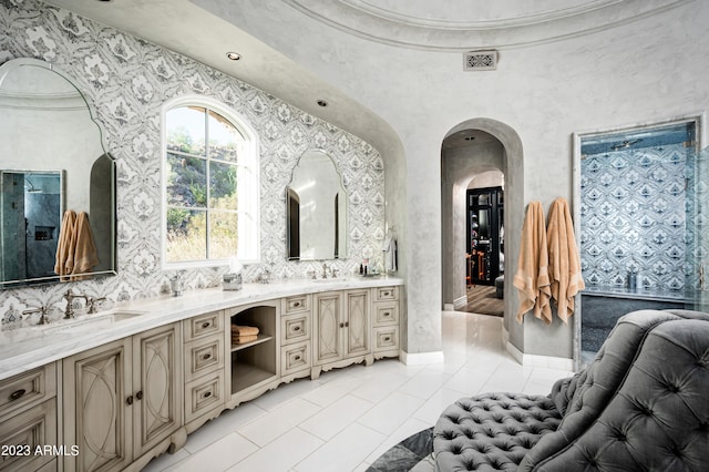 bathroom with vanity and tile patterned floors