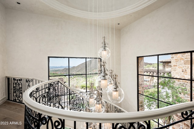 hall featuring a mountain view, ornamental molding, hardwood / wood-style floors, and a high ceiling