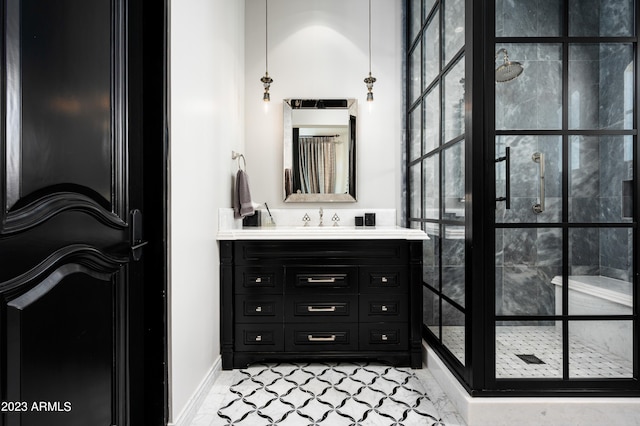 bathroom featuring vanity, tile patterned floors, and an enclosed shower