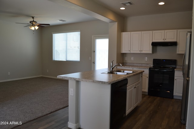 kitchen with an island with sink, ceiling fan, white cabinetry, dark colored carpet, and black appliances