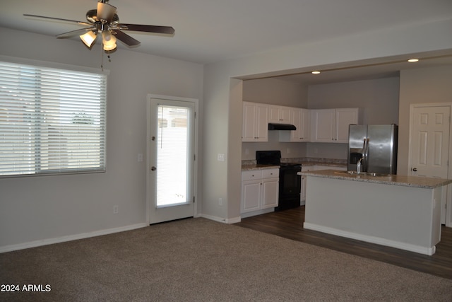 kitchen with stainless steel fridge with ice dispenser, white cabinets, dark carpet, and black range with electric cooktop