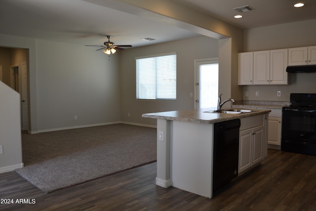 kitchen featuring ceiling fan, white cabinetry, black appliances, dark colored carpet, and sink