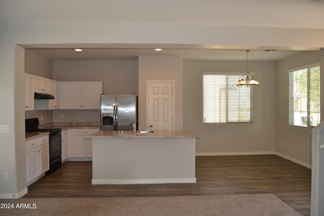 kitchen with stainless steel fridge with ice dispenser, white cabinets, dark wood-type flooring, and black range with electric stovetop