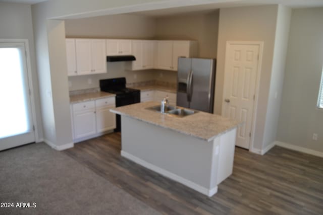 kitchen featuring stainless steel refrigerator with ice dispenser, dark hardwood / wood-style floors, white cabinets, an island with sink, and sink