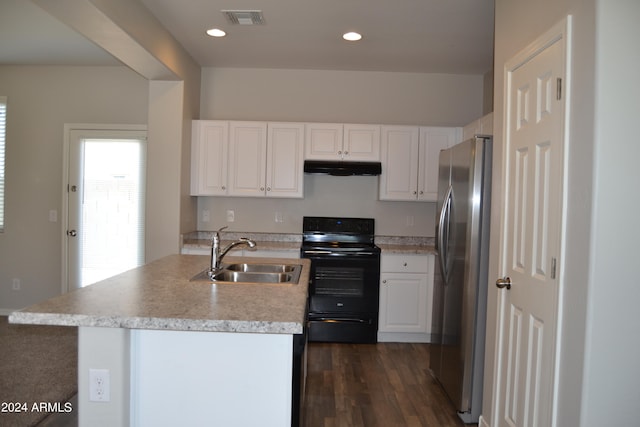 kitchen with white cabinetry, stainless steel refrigerator, dark wood-type flooring, black range oven, and sink