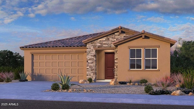 view of front facade featuring stone siding, an attached garage, driveway, and stucco siding