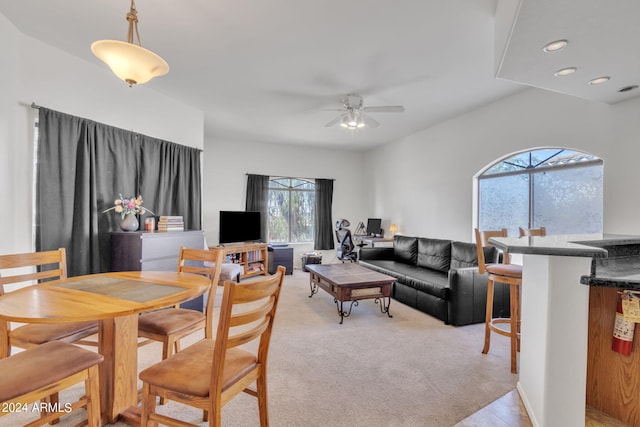 living room featuring a ceiling fan, recessed lighting, and light colored carpet