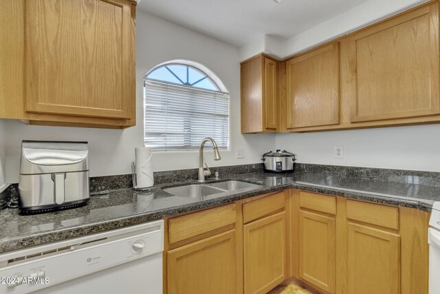 kitchen featuring range, dishwasher, dark stone counters, and a sink