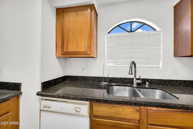 10030 W Indian School Rd Unit 218, Phoenix, AZ 85037 - kitchen featuring dishwasher, brown cabinets, and dark stone counters