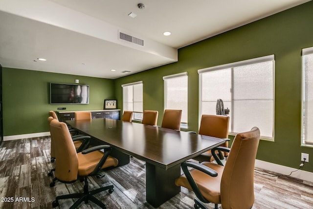 office area featuring dark wood-style floors, baseboards, and recessed lighting