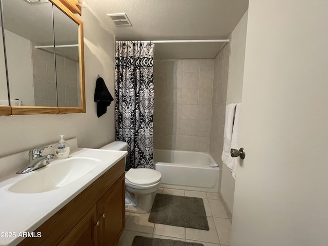 full bath featuring shower / bath combination with curtain, vanity, tile patterned flooring, visible vents, and toilet
