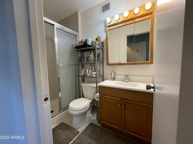 full bathroom with visible vents, toilet, vanity, tile patterned floors, and a stall shower