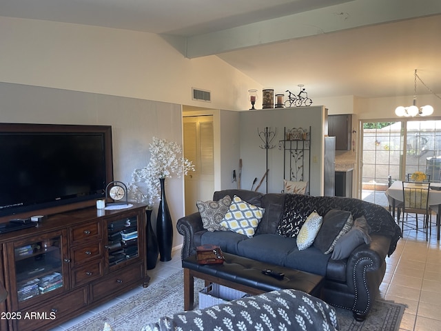 living area with a chandelier, light tile patterned flooring, vaulted ceiling with beams, and visible vents