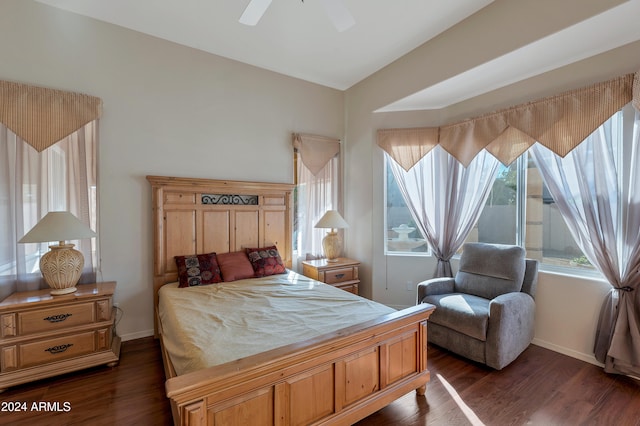 bedroom featuring dark hardwood / wood-style floors and ceiling fan