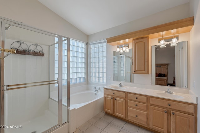 bathroom featuring vanity, tile patterned flooring, shower with separate bathtub, a chandelier, and lofted ceiling