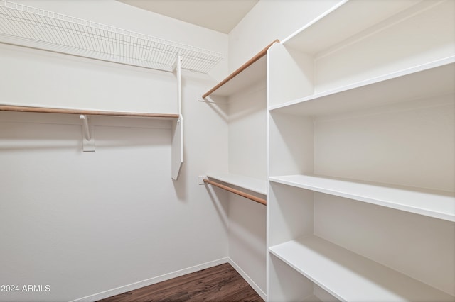 walk in closet with dark hardwood / wood-style flooring