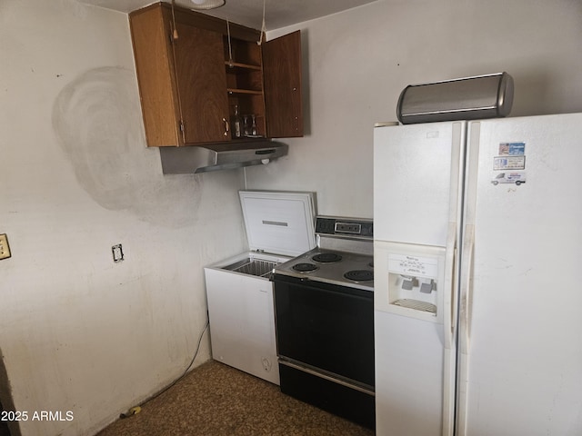 kitchen with white fridge with ice dispenser and electric range oven