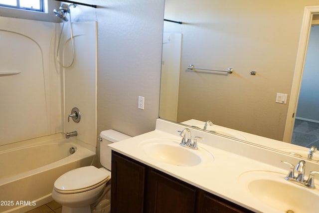 full bathroom with vanity, tile patterned floors,  shower combination, and toilet