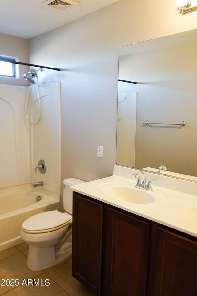 full bathroom featuring shower / tub combination, tile patterned flooring, vanity, and toilet