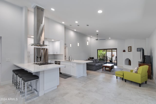 kitchen featuring white cabinets, stainless steel appliances, island exhaust hood, kitchen peninsula, and ceiling fan